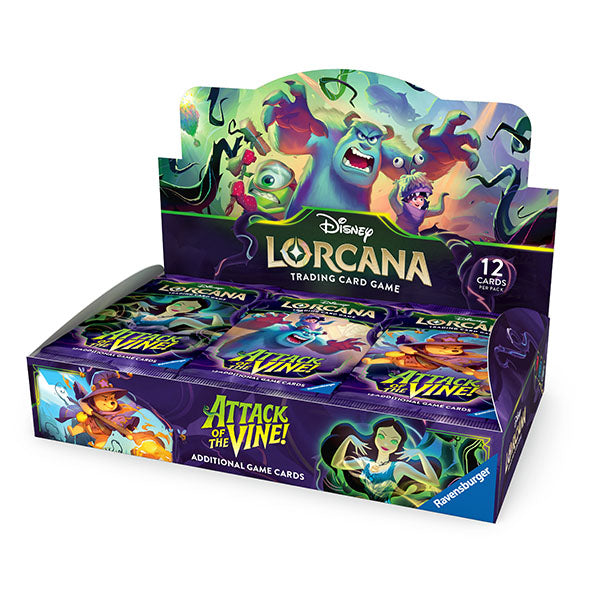 Box of Disney Lorcana trading card game featuring characters from 'Attack of the Vine'.
