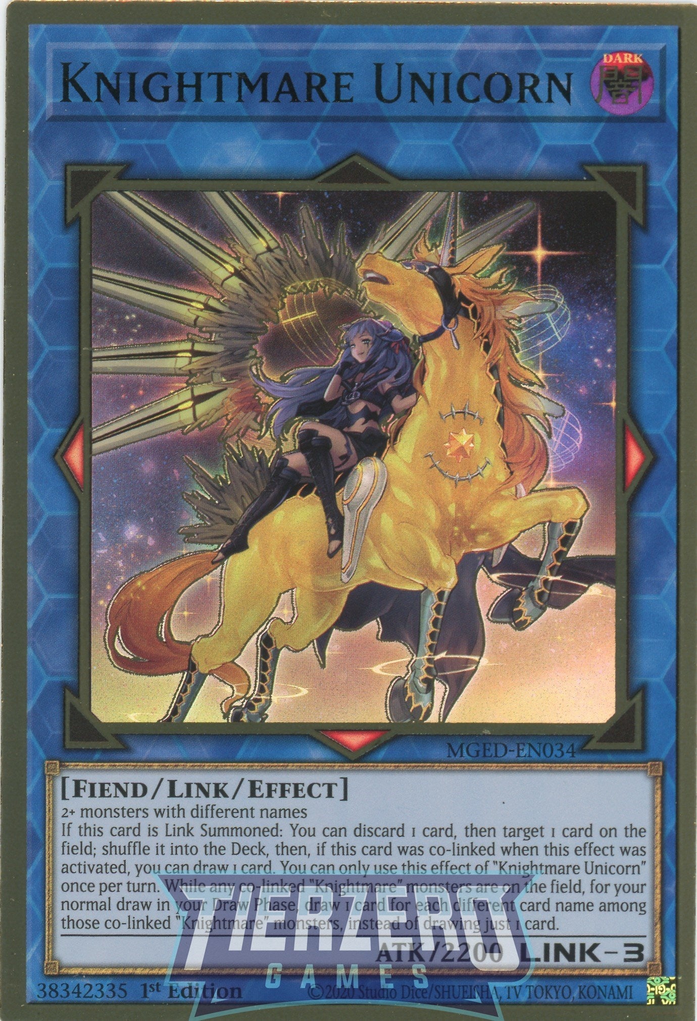 MGED-EN034 - Knightmare Unicorn (alternate art) - Premium Gold Rare - Effect Link Monster - Maximum Gold El Dorado