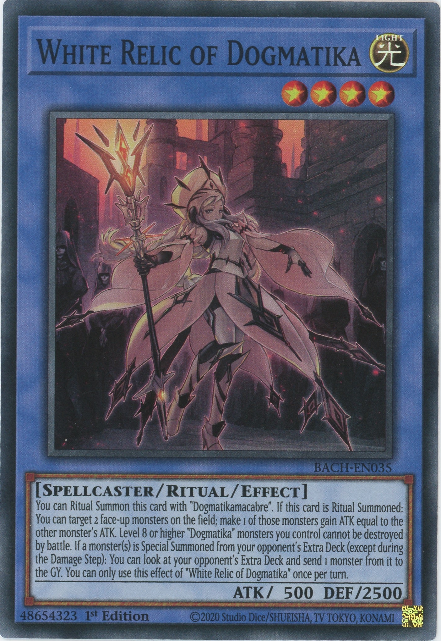 BACH-EN035 - White Relic of Dogmatika - Super Rare - Effect Ritual Mon BACH-EN035 - White Relic of Dogmatika - Super Rare - Effect Ritual Mon