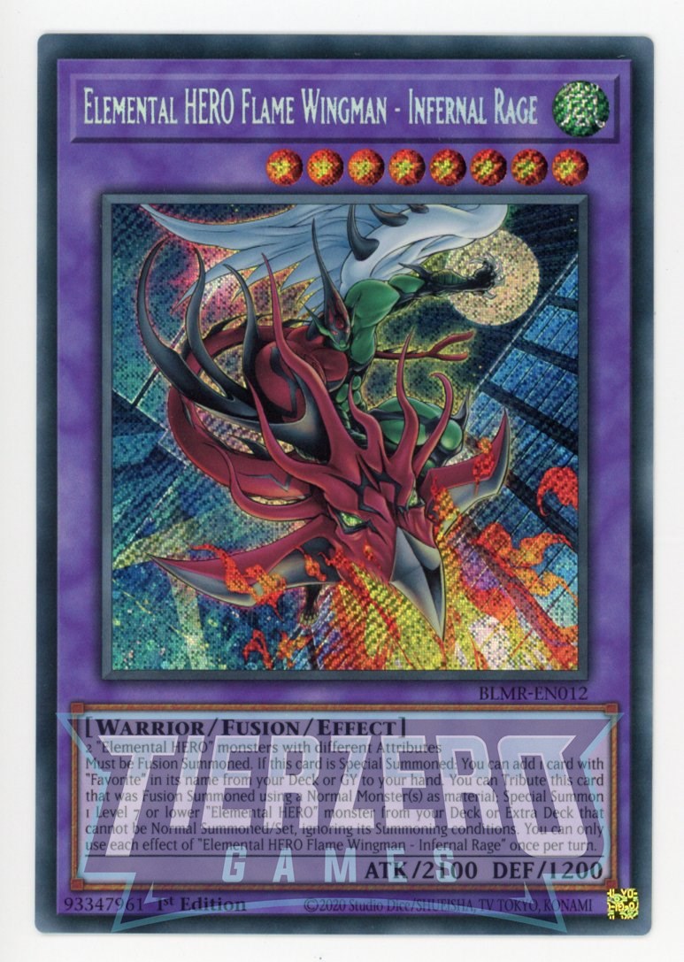 BLMR-EN012 - Elemental HERO Flame Wingman - Infernal Rage - Secret Rar BLMR-EN012 - Elemental HERO Flame Wingman - Infernal Rage - Secret Rar