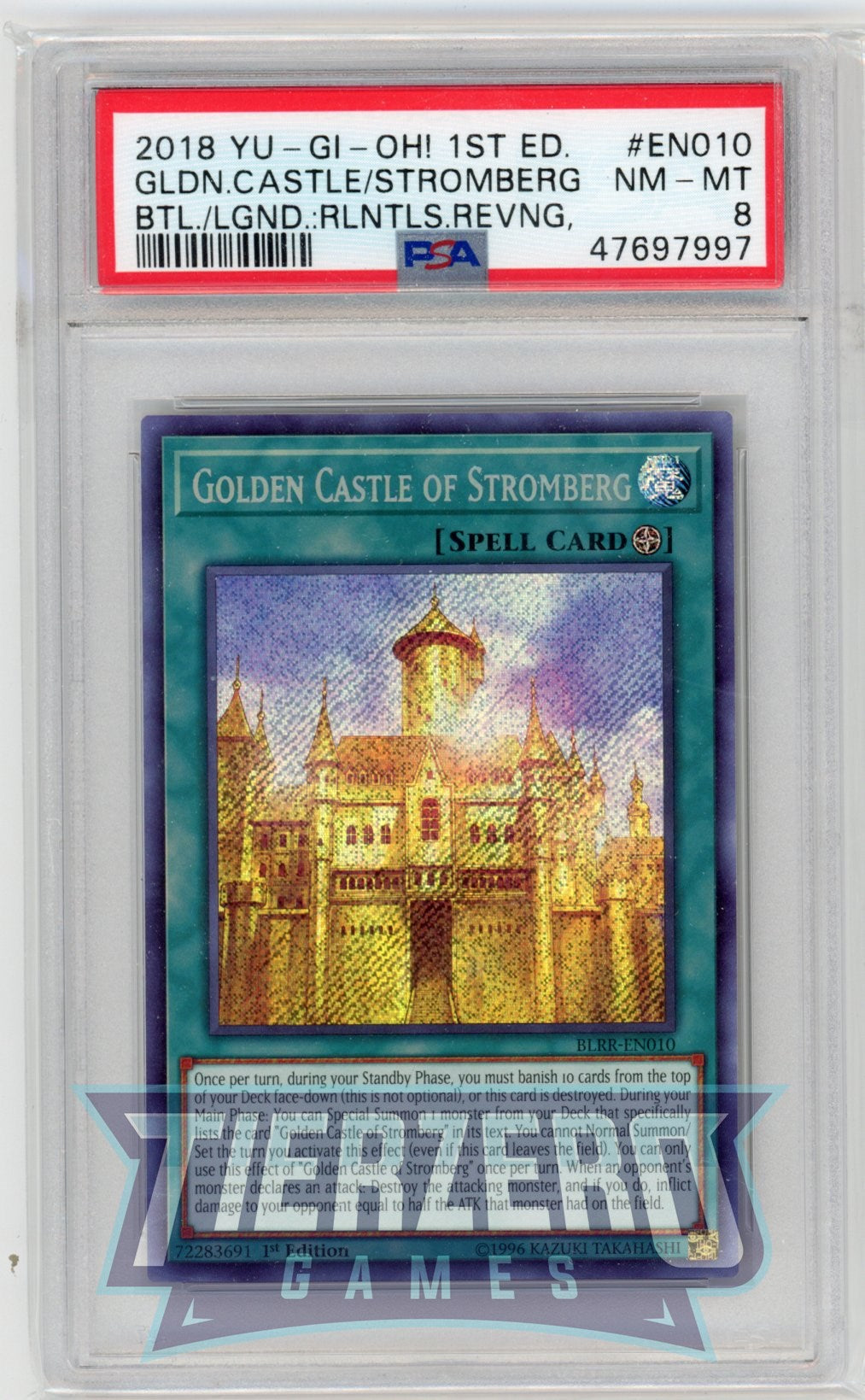 golden castle stromberg yugioh card BLRR-EN010 - Golden Castle of Stromberg - Secret Rare - PSA 8