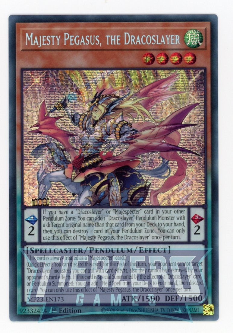 MP23-EN173 - Majesty Pegasus, the Dracoslayer - Prismatic Secret Rare - Effect Pendulum Monster - 25th Anniversary Duelist Heroes Tin