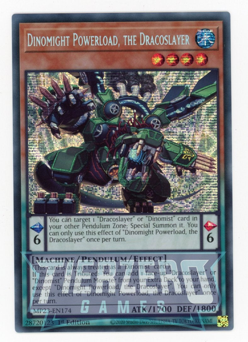 MP23-EN174 - Dinomight Powerload, the Dracoslayer - Prismatic Secret Rare - Effect Pendulum Monster - 25th Anniversary Duelist Heroes Tin