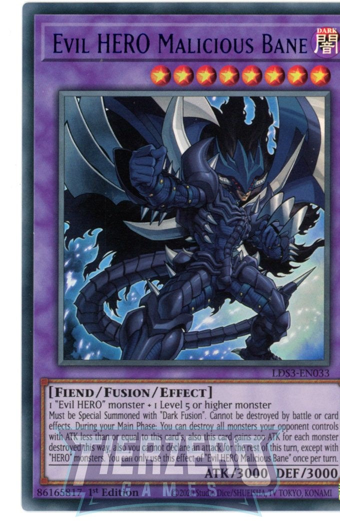 LDS3-EN033 - Evil HERO Malicious Bane - Blue Ultra Rare - Effect Fusio LDS3-EN033 - Evil HERO Malicious Bane - Blue Ultra Rare - Effect Fusio