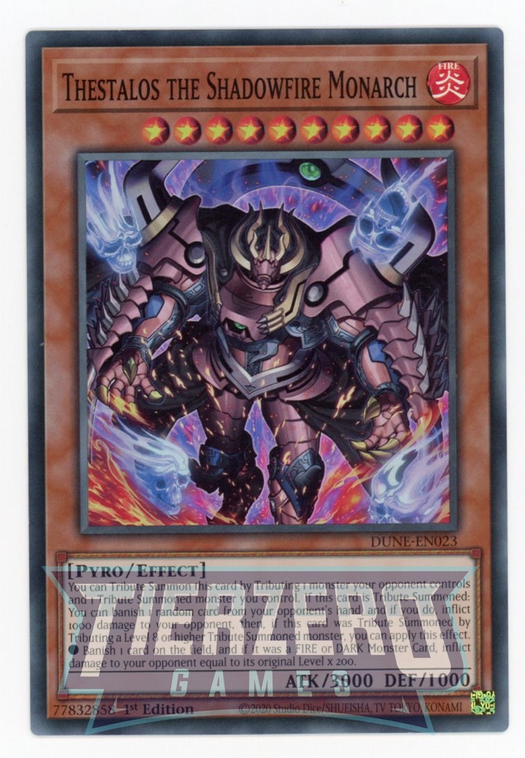 DUNE-EN023 - Thestalos the Shadowfire Monarch - Super Rare - Effect Monster - Duelist Nexus