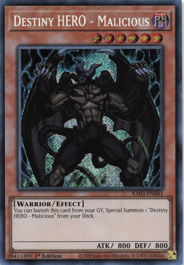RA03-EN001 - Destiny HERO - Malicious - Secret Rare - Quarter Century Bonanza