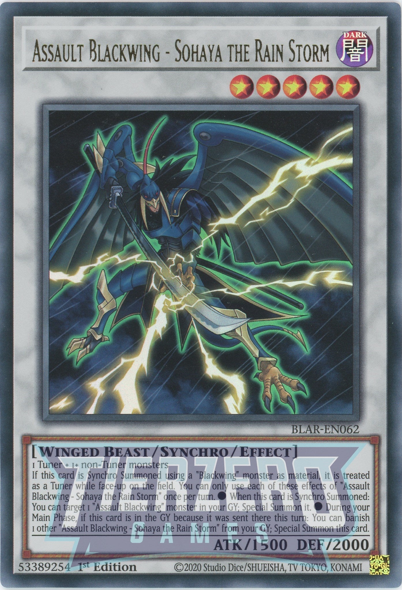 BLAR-EN062 - Assault Blackwing - Sohaya the Rain Storm - Ultra Rare - Effect Synchro Monster - Battles of Legend Armageddon