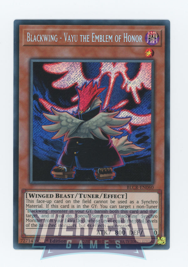 BLCR-EN060 - Blackwing - Vayu the Emblem of Honor - Secret Rare - Effect Tuner monster - Battles of Legend Crystal Revenge