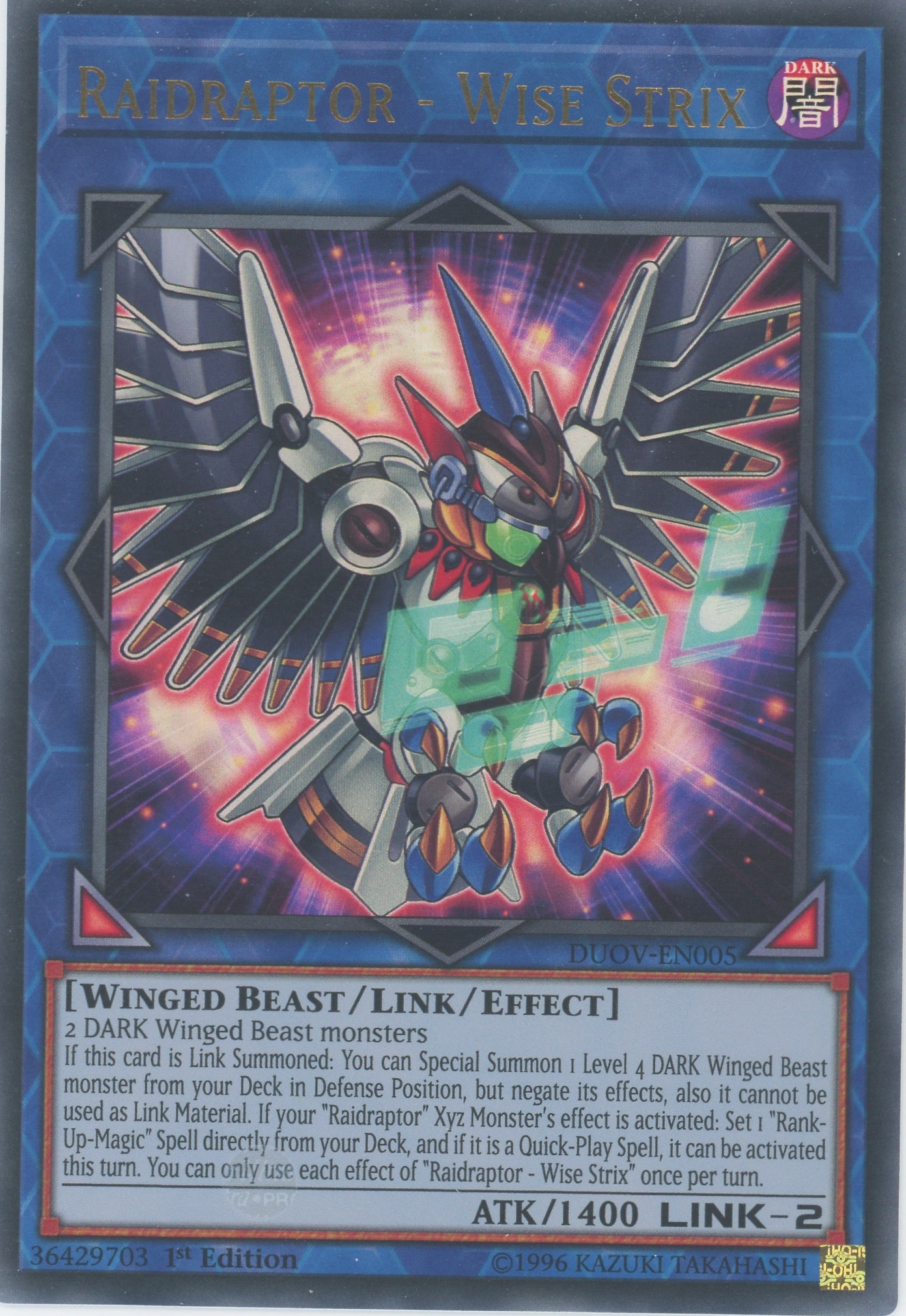 DUOV-EN005 - Raidraptor - Wise Strix - Ultra Rare - Effect Link Monster - Duel Overload