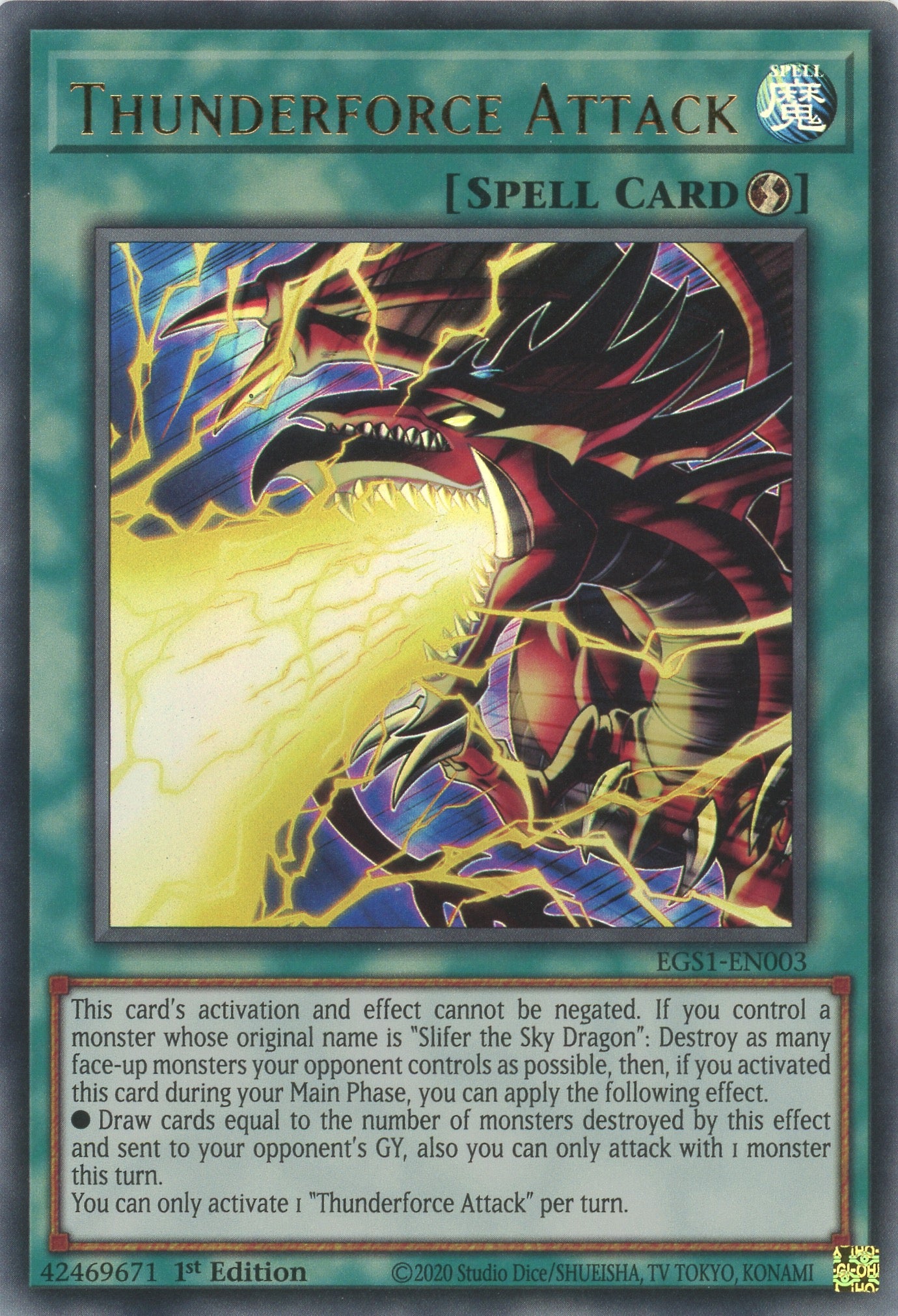 EGS1-EN003 - Thunderforce Attack - Ultra Rare - Quick-Play Spell Card - Egyptian God Decks