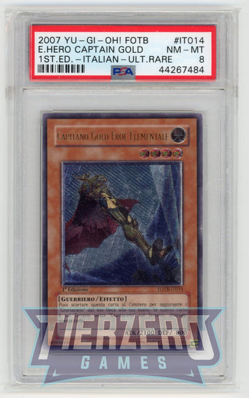 FOTB-IT014 - Elemental HERO Captain Gold - Ultimate Rare - Force of the Breaker - PSA 8