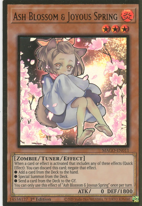 MAGO-EN011 - Ash Blossom & Joyous Spring (alternate art) - Premium Gold Rare - Effect Tuner monster - Maximum Gold