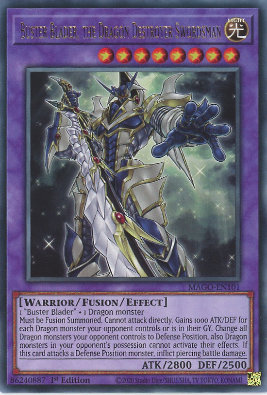 MAGO-EN101 - Buster Blader, the Dragon Destroyer Swordsman - Gold Letter Rare - Effect Fusion Monster - Maximum Gold