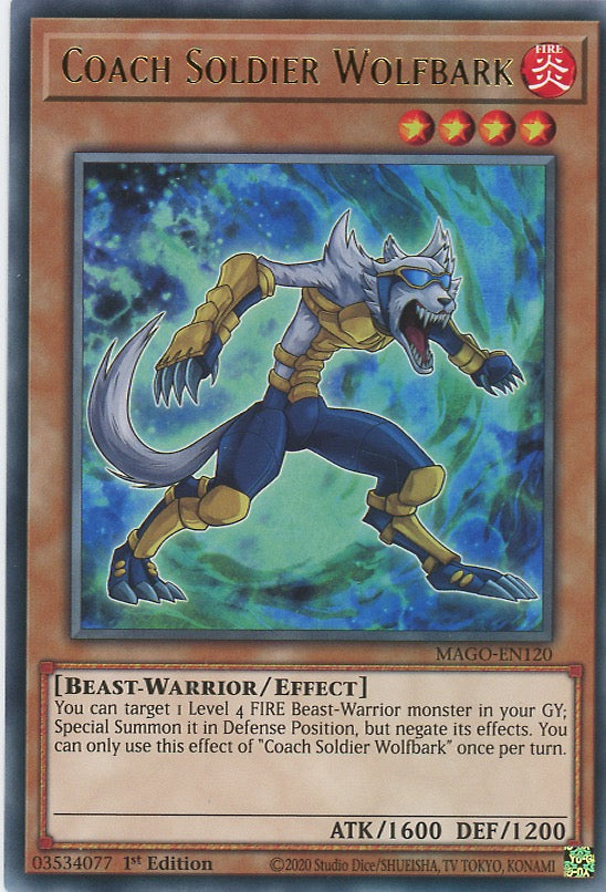 MAGO-EN120 - Coach Soldier Wolfbark - Gold Letter Rare - Effect Monster - Maximum Gold